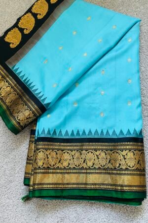 Pure gadwal silk saree Sky blue and black