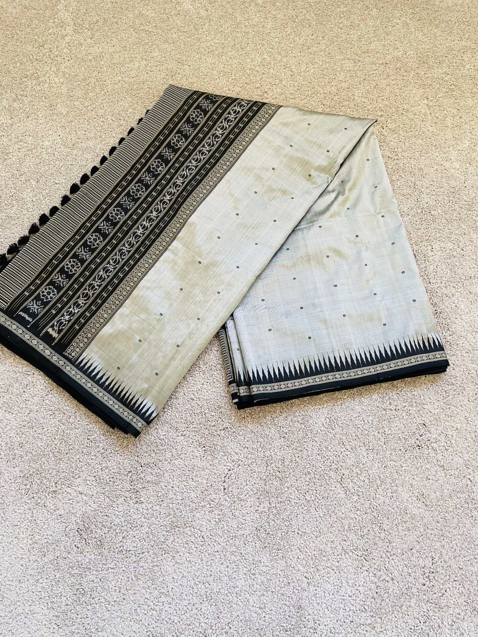 Ikkat Mulberry Silk Saree with Grey and black